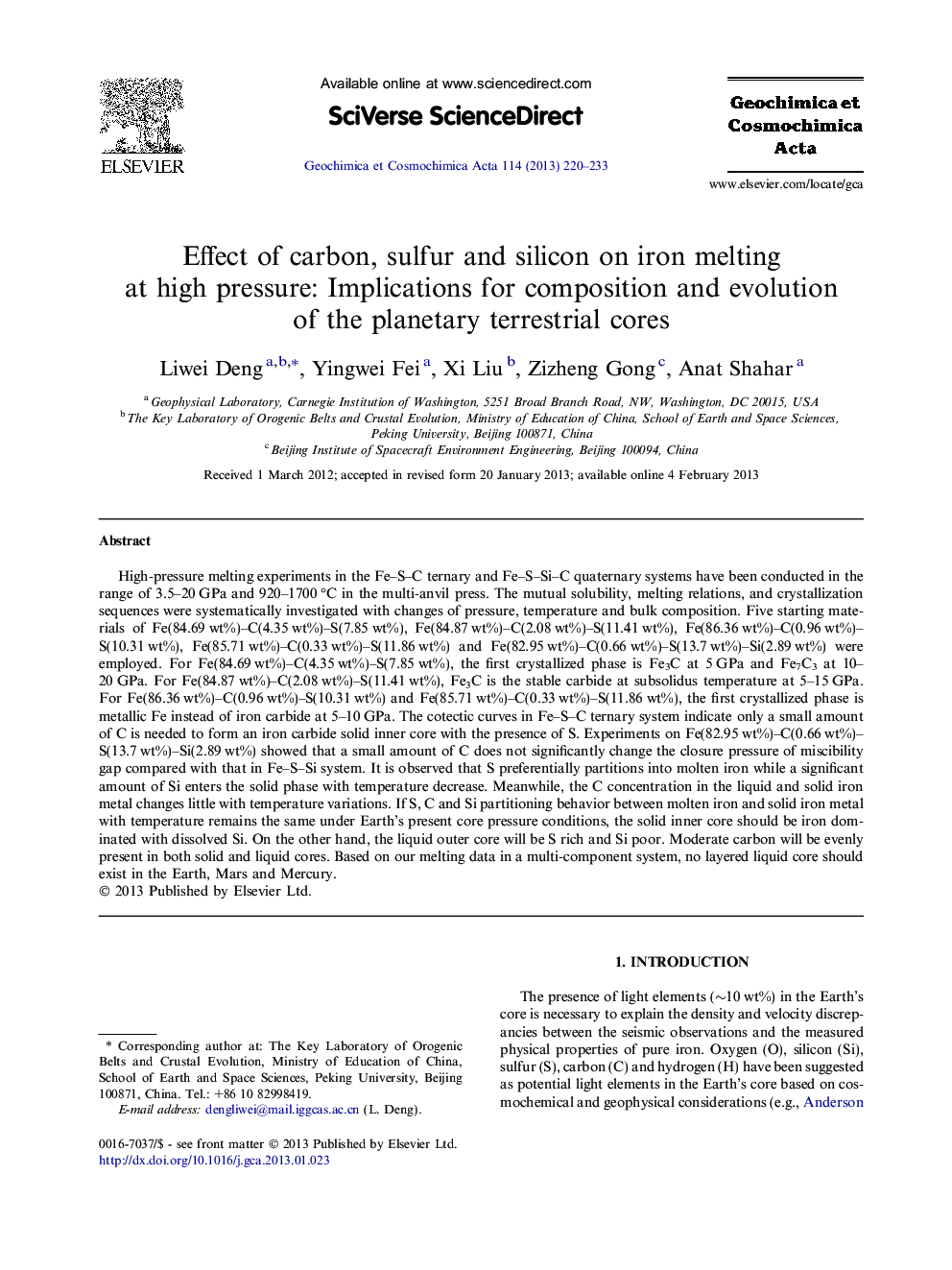 Effect of carbon, sulfur and silicon on iron melting at high pressure: Implications for composition and evolution of the planetary terrestrial cores