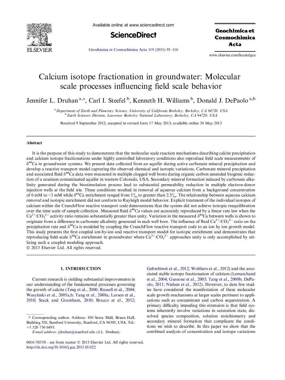 Calcium isotope fractionation in groundwater: Molecular scale processes influencing field scale behavior