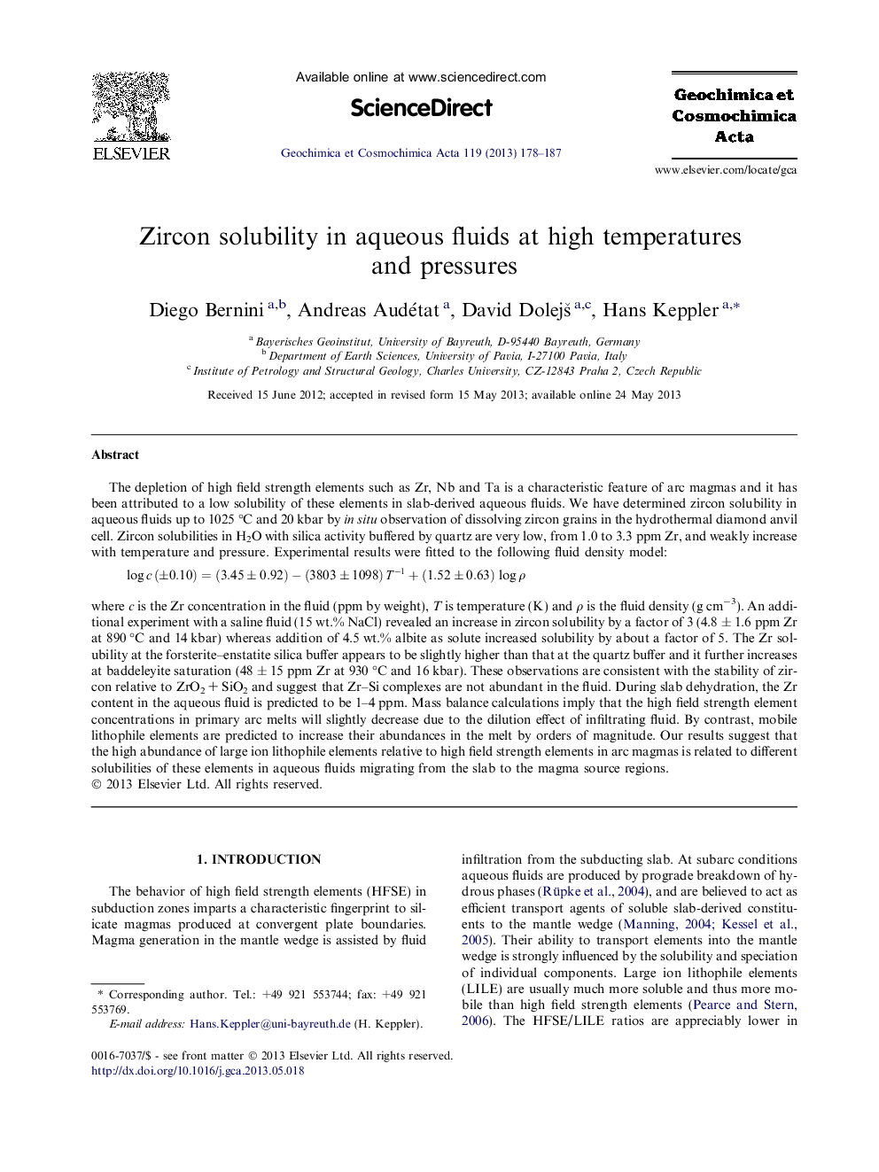 Zircon solubility in aqueous fluids at high temperatures and pressures