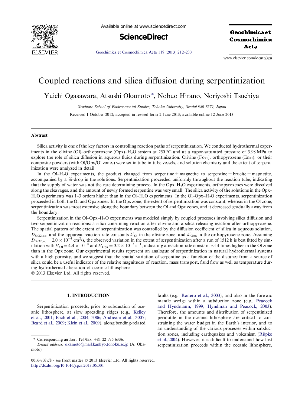 Coupled reactions and silica diffusion during serpentinization