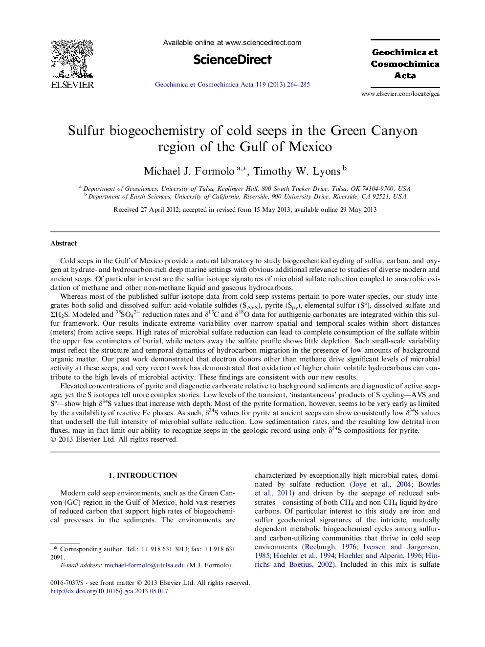 Sulfur biogeochemistry of cold seeps in the Green Canyon region of the Gulf of Mexico