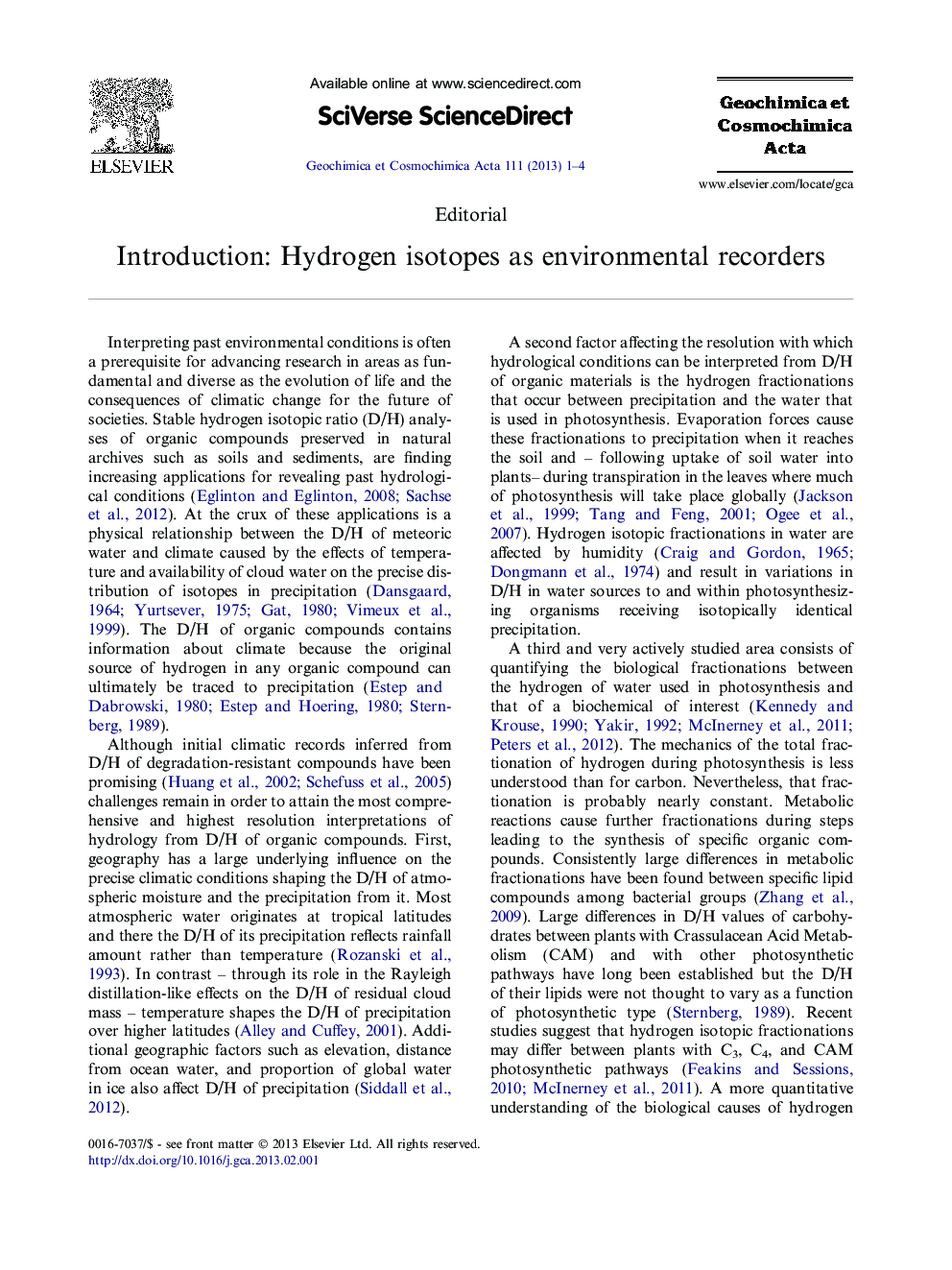 Introduction: Hydrogen isotopes as environmental recorders