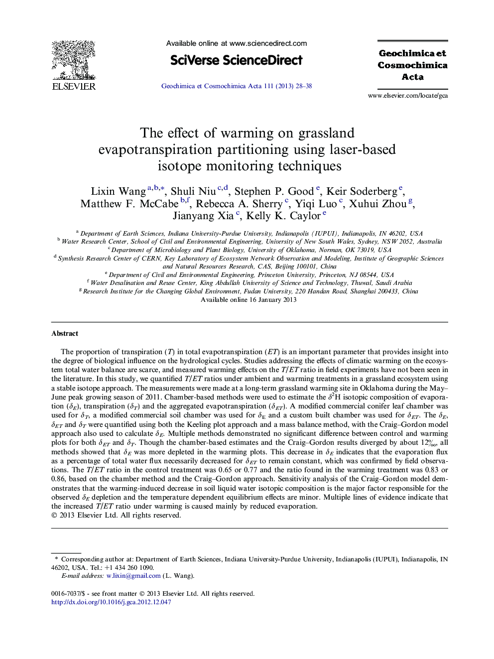 The effect of warming on grassland evapotranspiration partitioning using laser-based isotope monitoring techniques