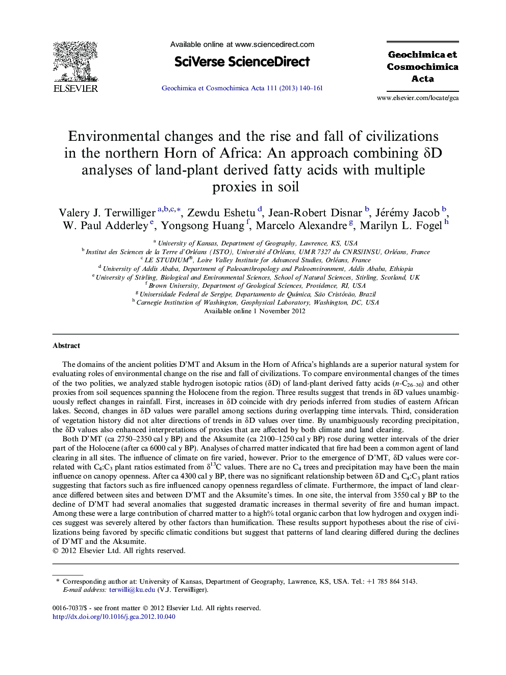 Environmental changes and the rise and fall of civilizations in the northern Horn of Africa: An approach combining δD analyses of land-plant derived fatty acids with multiple proxies in soil