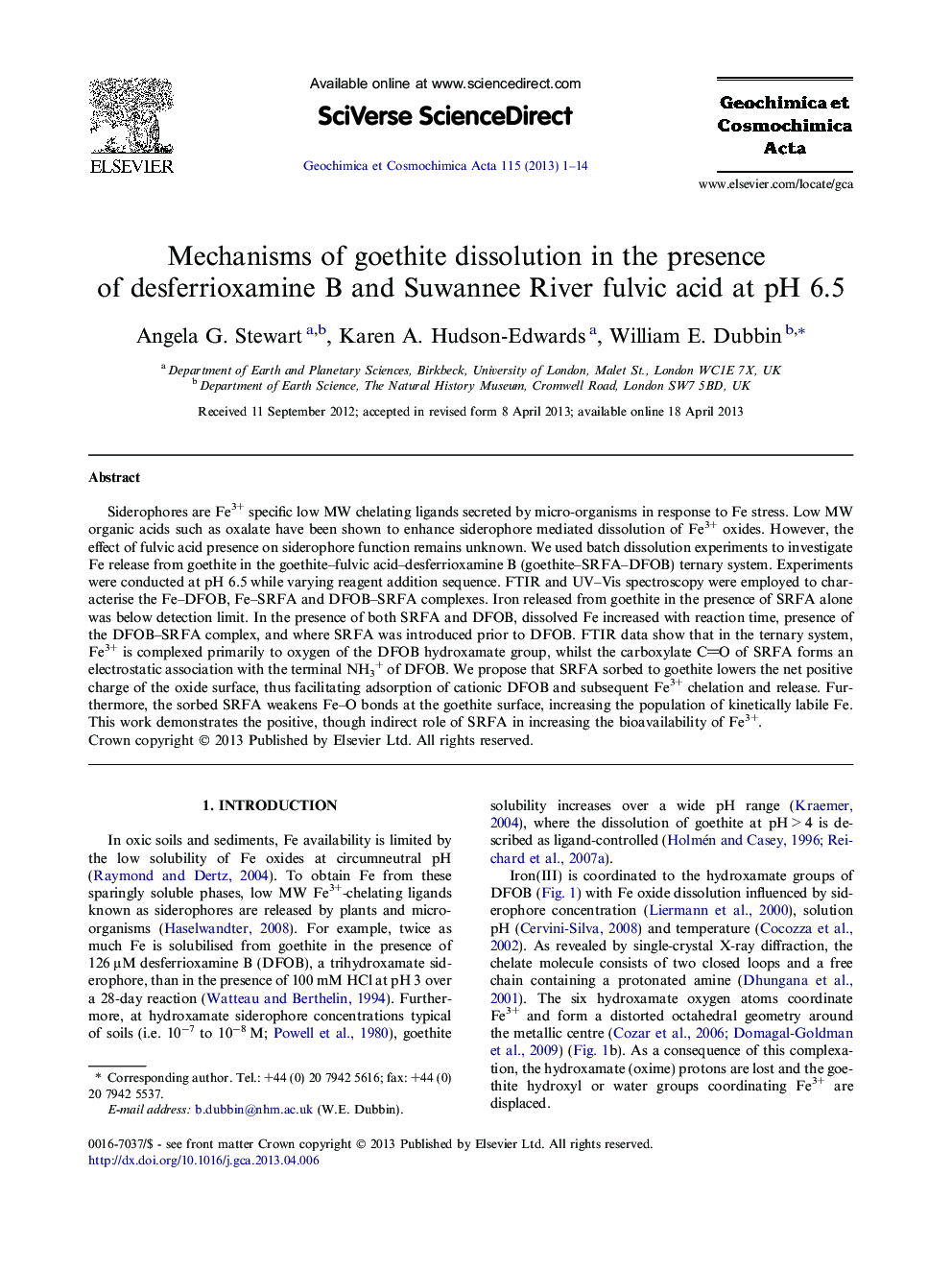 Mechanisms of goethite dissolution in the presence of desferrioxamine B and Suwannee River fulvic acid at pH 6.5