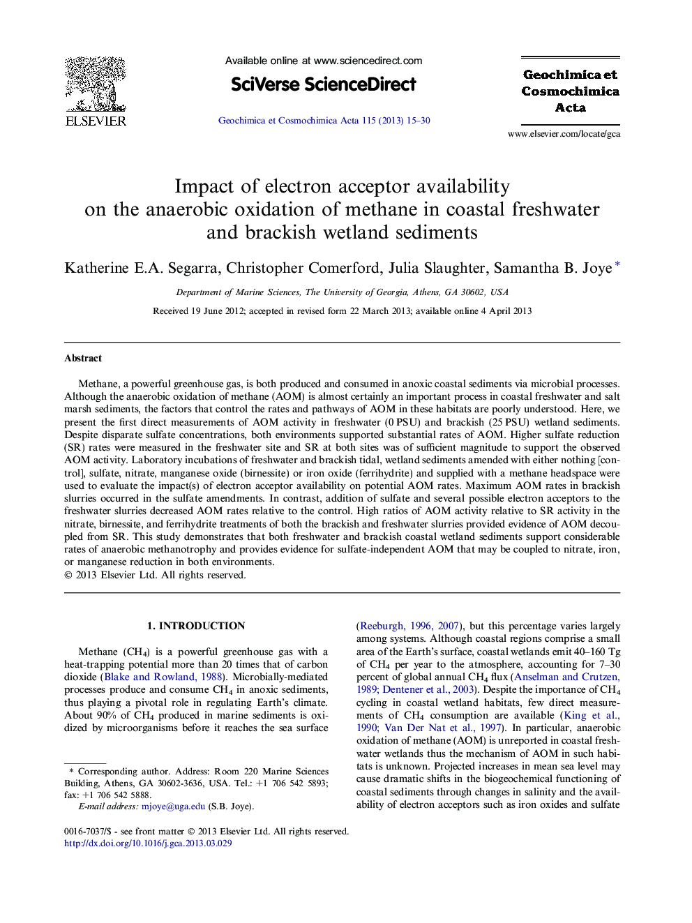 Impact of electron acceptor availability on the anaerobic oxidation of methane in coastal freshwater and brackish wetland sediments