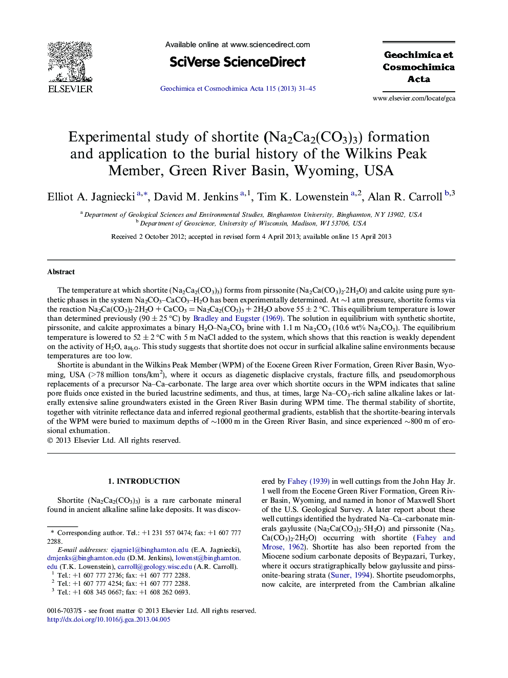 عکس صفحه اول مقاله: Experimental study of shortite (Na2Ca2(CO3)3) formation and application to the burial history of the Wilkins Peak Member, Green River Basin, Wyoming, USA Experimental study of shortite (Na2Ca2(CO3)3) formation and application to the burial history of the Wilkins Peak Member, Green River Basin, Wyoming, USA