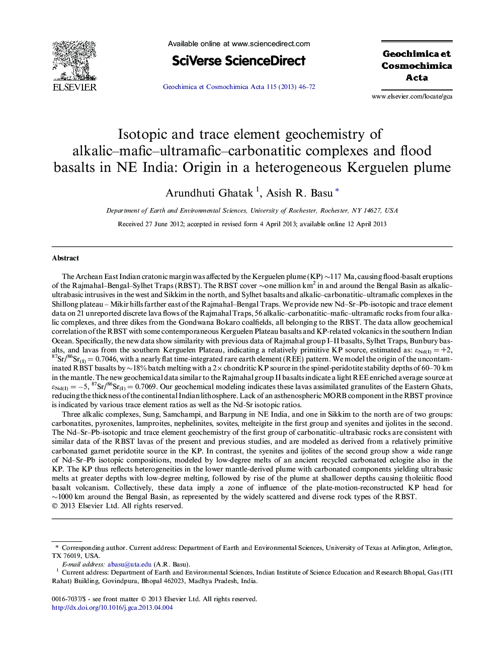 Isotopic and trace element geochemistry of alkalic–mafic–ultramafic–carbonatitic complexes and flood basalts in NE India: Origin in a heterogeneous Kerguelen plume