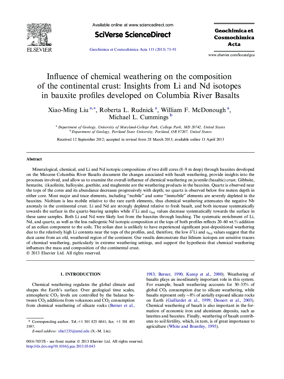Influence of chemical weathering on the composition of the continental crust: Insights from Li and Nd isotopes in bauxite profiles developed on Columbia River Basalts