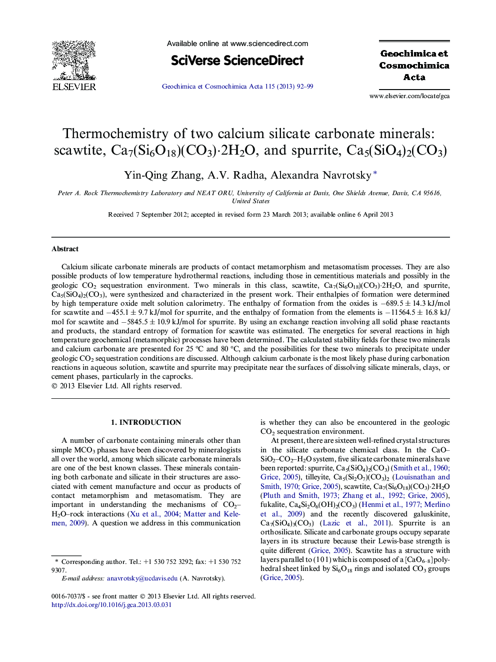 Thermochemistry of two calcium silicate carbonate minerals: scawtite, Ca7(Si6O18)(CO3)·2H2O, and spurrite, Ca5(SiO4)2(CO3)