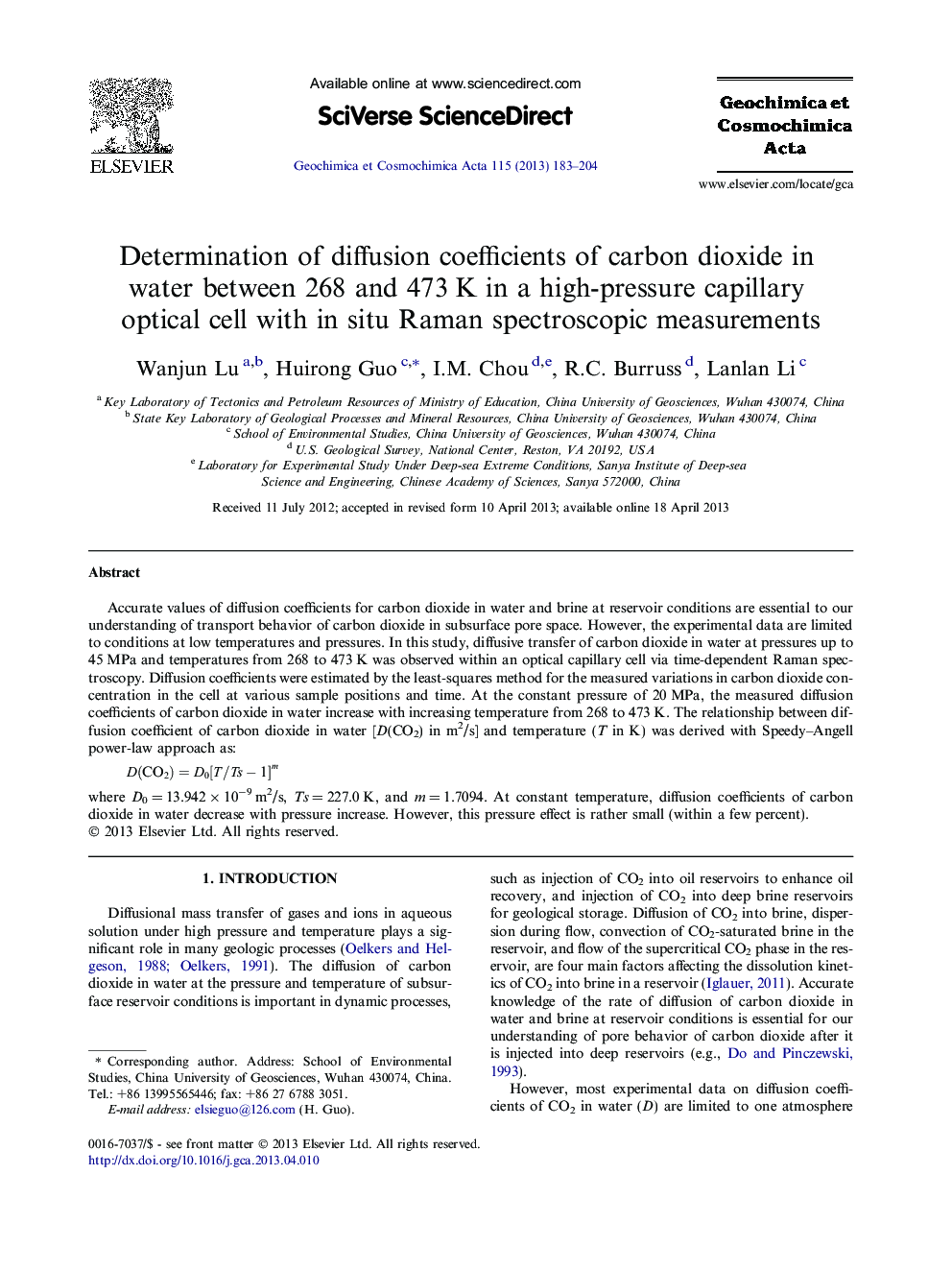 Determination of diffusion coefficients of carbon dioxide in water between 268 and 473 K in a high-pressure capillary optical cell with in situ Raman spectroscopic measurements