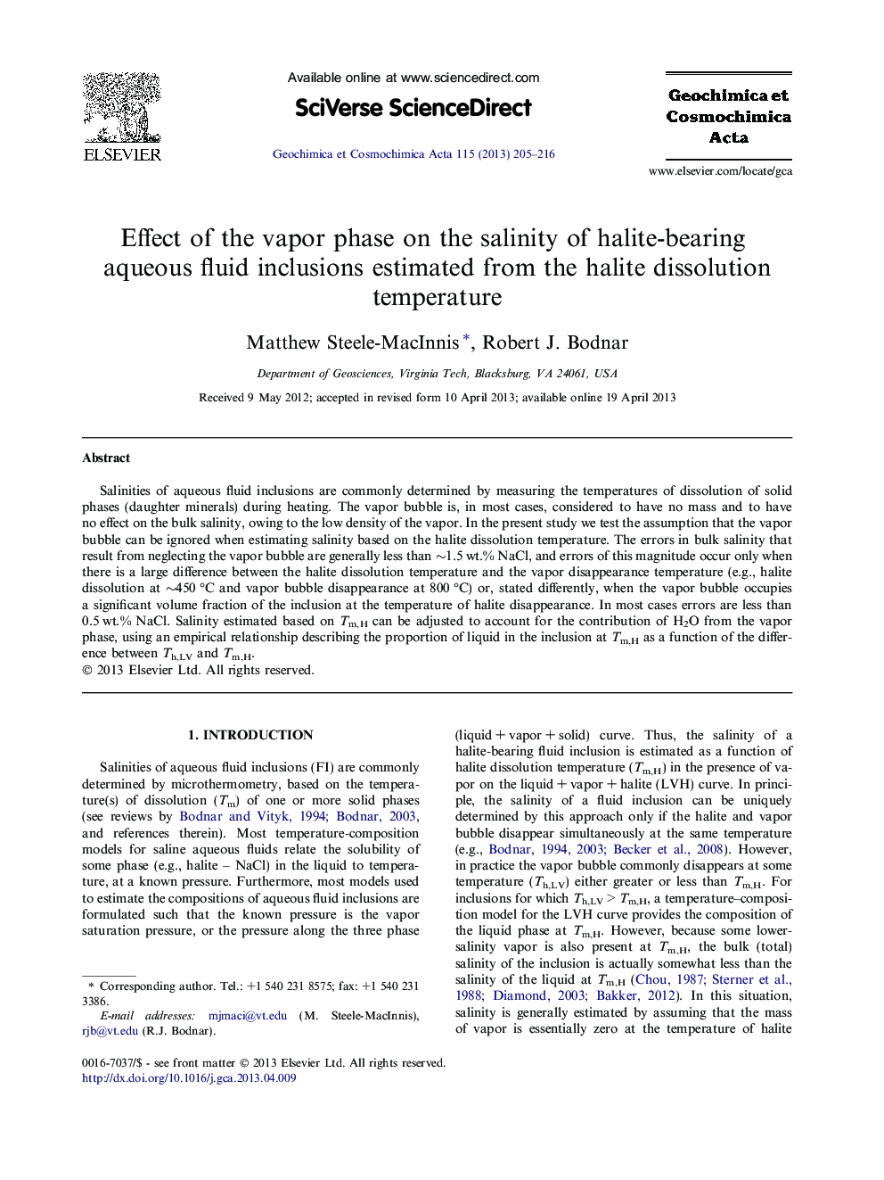 Effect of the vapor phase on the salinity of halite-bearing aqueous fluid inclusions estimated from the halite dissolution temperature