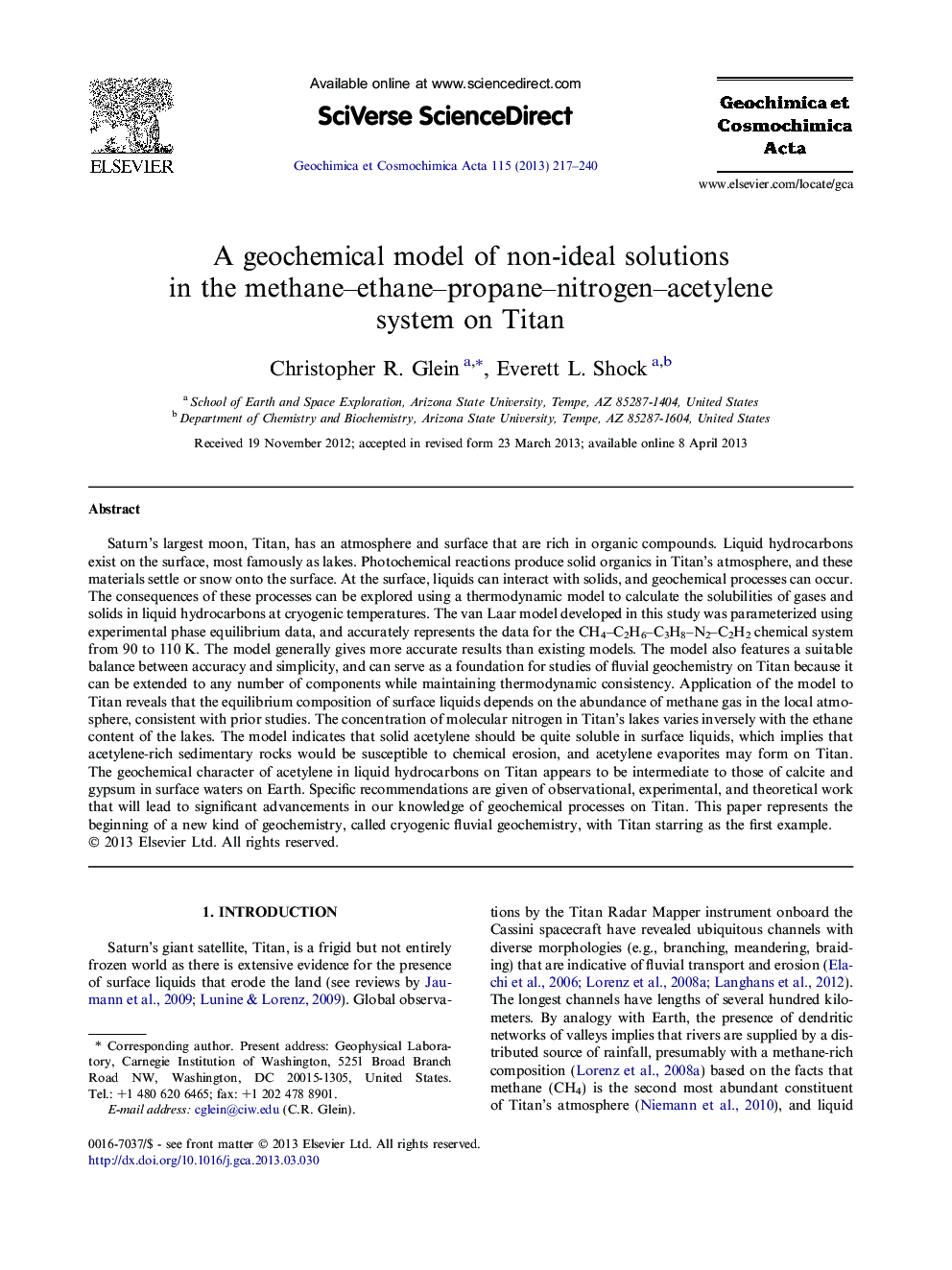 A geochemical model of non-ideal solutions in the methane–ethane–propane–nitrogen–acetylene system on Titan