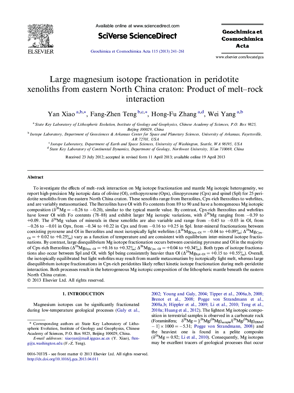 Large magnesium isotope fractionation in peridotite xenoliths from eastern North China craton: Product of melt–rock interaction
