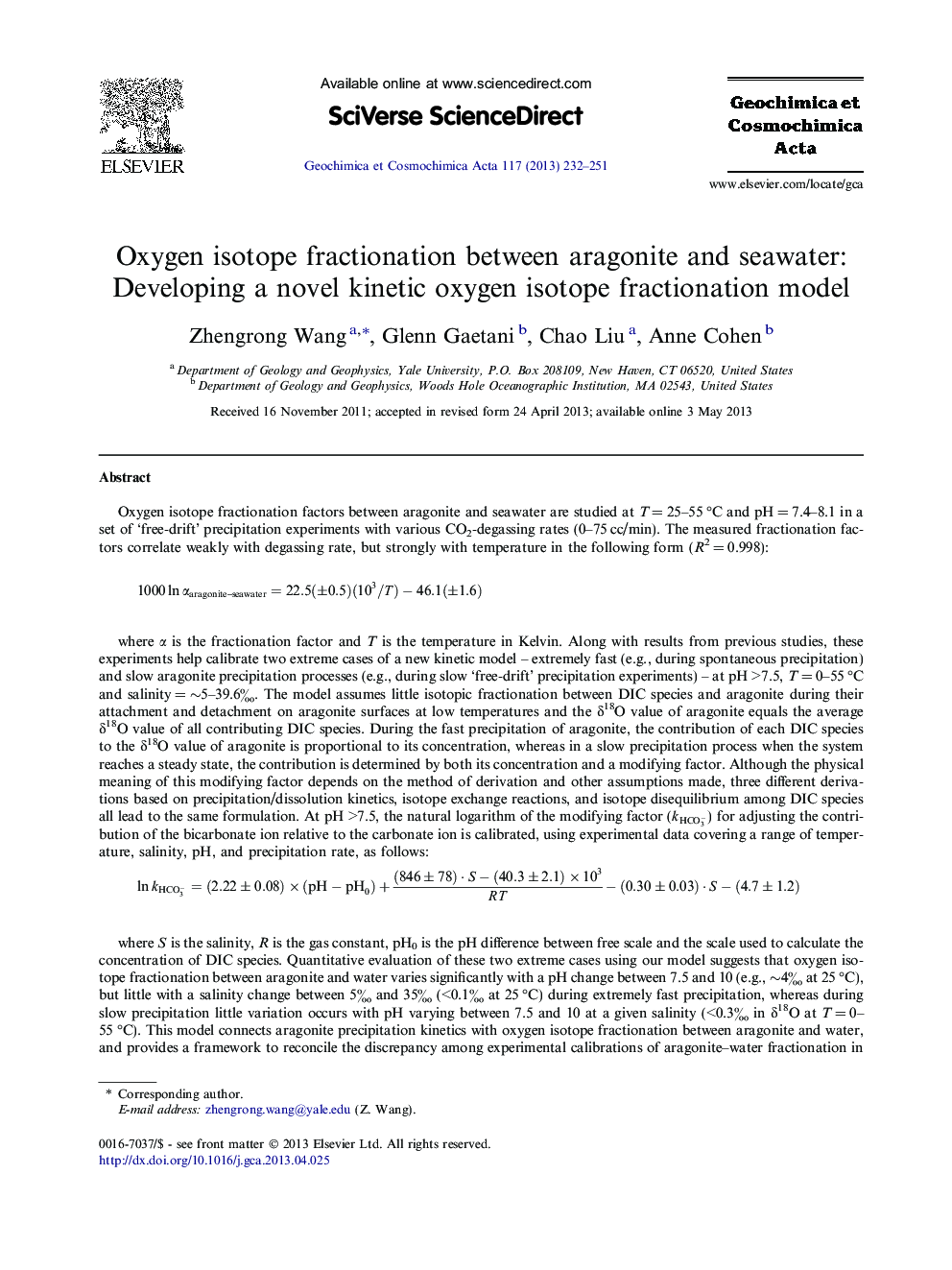 Oxygen isotope fractionation between aragonite and seawater: Developing a novel kinetic oxygen isotope fractionation model