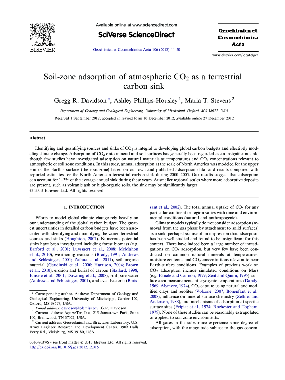 Soil-zone adsorption of atmospheric CO2 as a terrestrial carbon sink