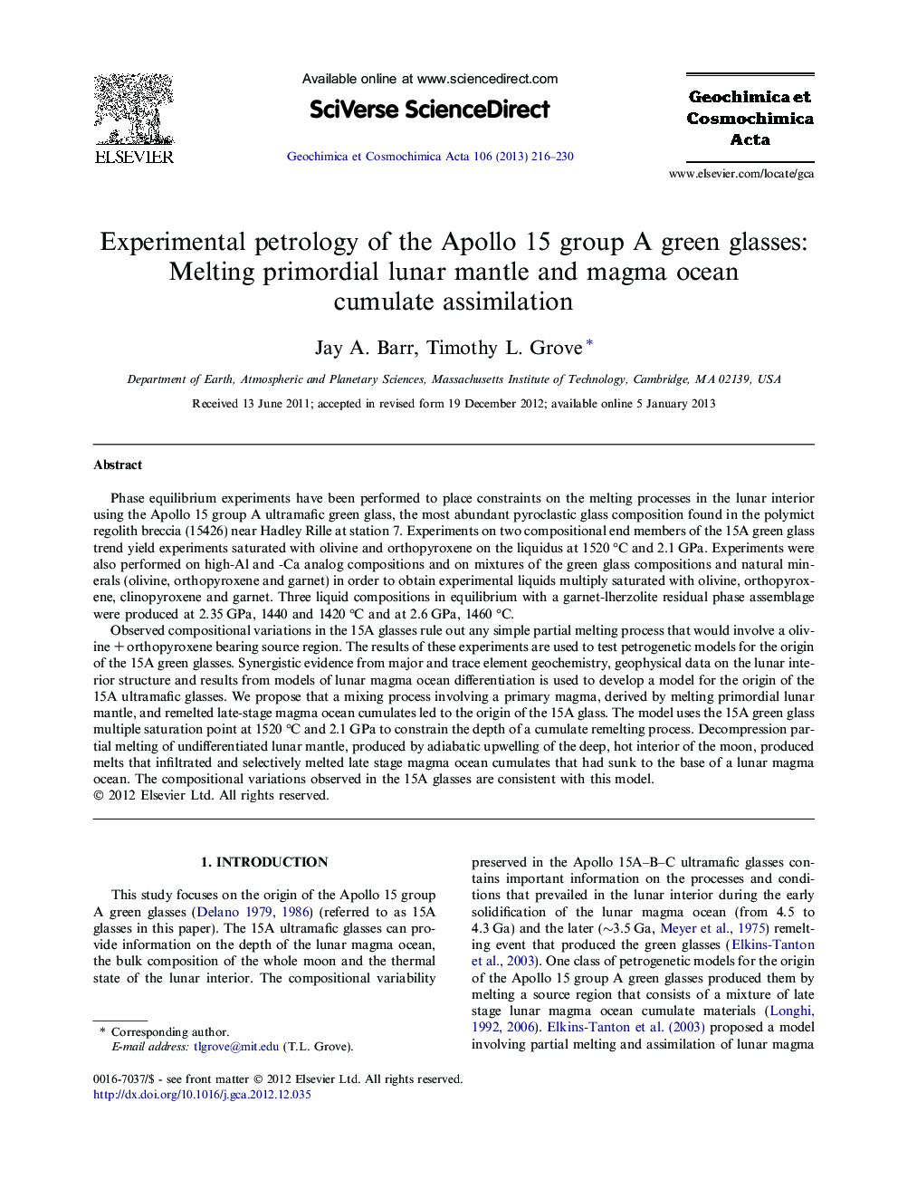 Experimental petrology of the Apollo 15 group A green glasses: Melting primordial lunar mantle and magma ocean cumulate assimilation