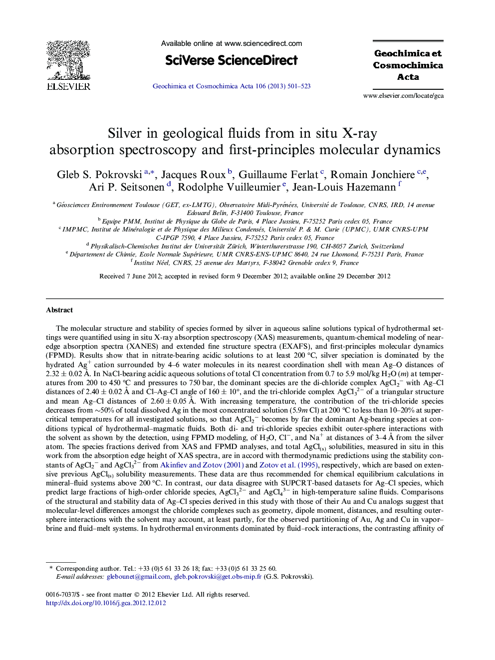 Silver in geological fluids from in situ X-ray absorption spectroscopy and first-principles molecular dynamics