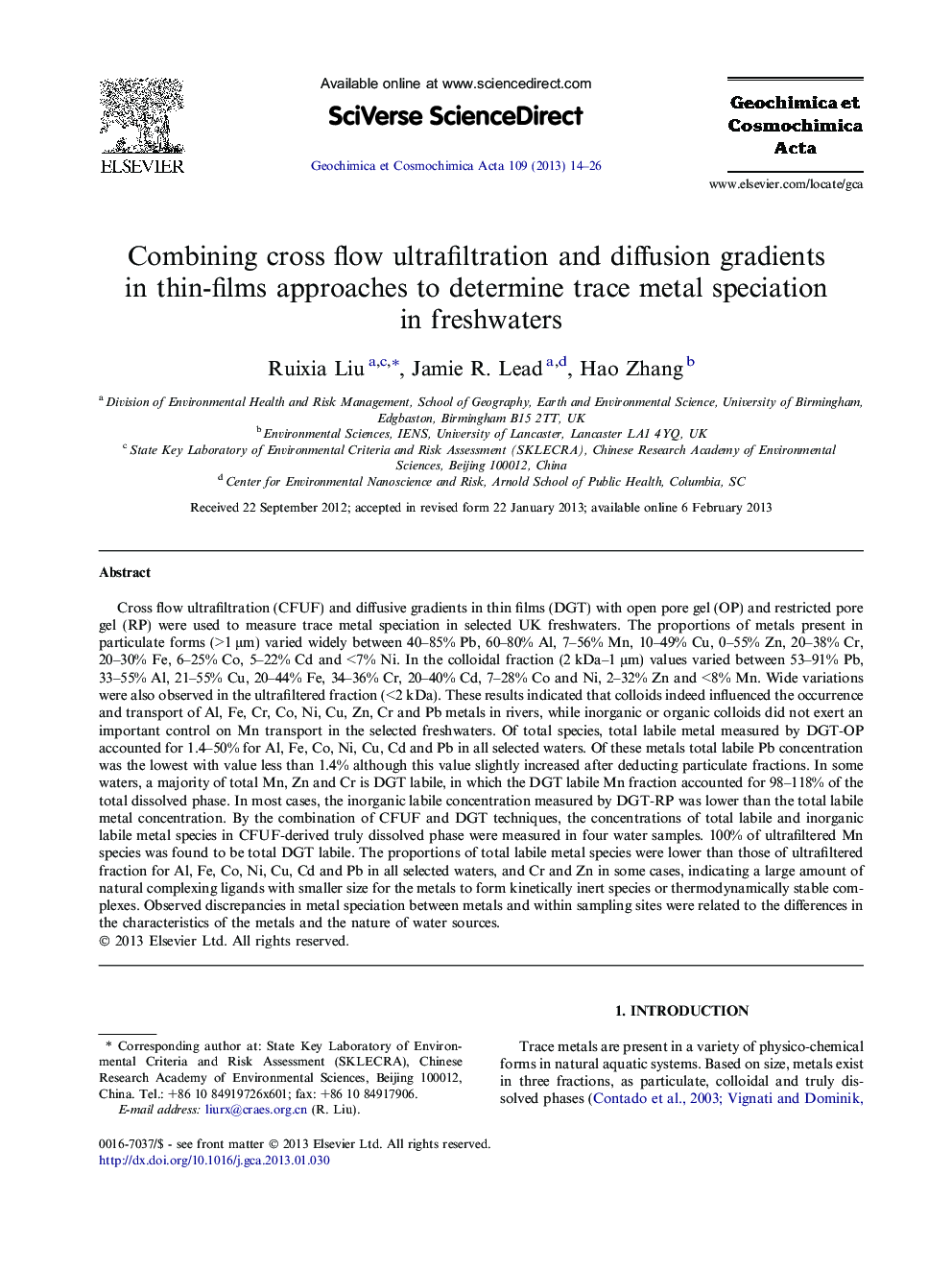 Combining cross flow ultrafiltration and diffusion gradients in thin-films approaches to determine trace metal speciation in freshwaters