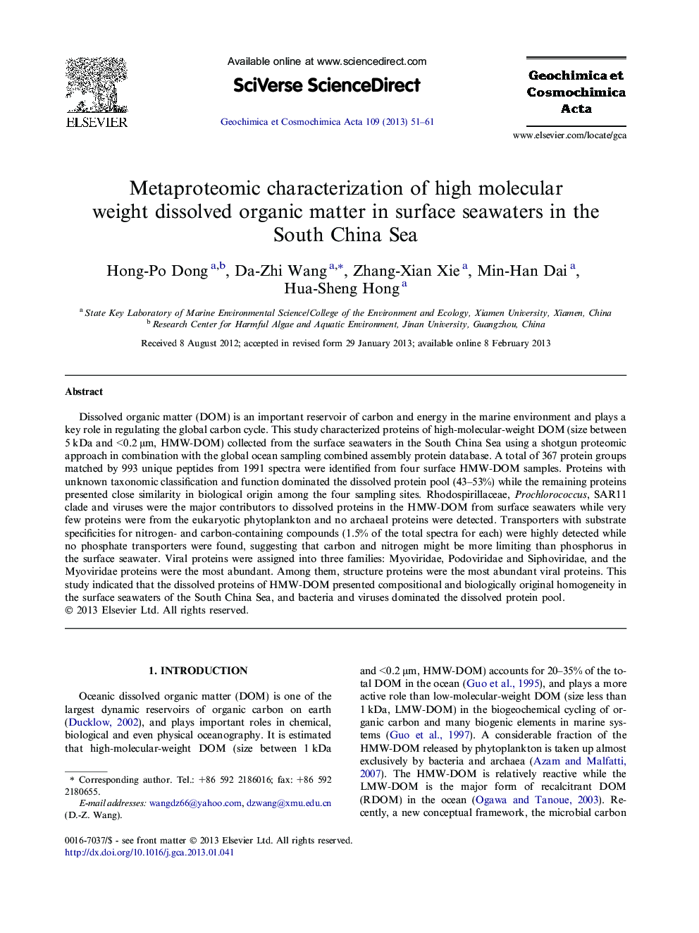 Metaproteomic characterization of high molecular weight dissolved organic matter in surface seawaters in the South China Sea