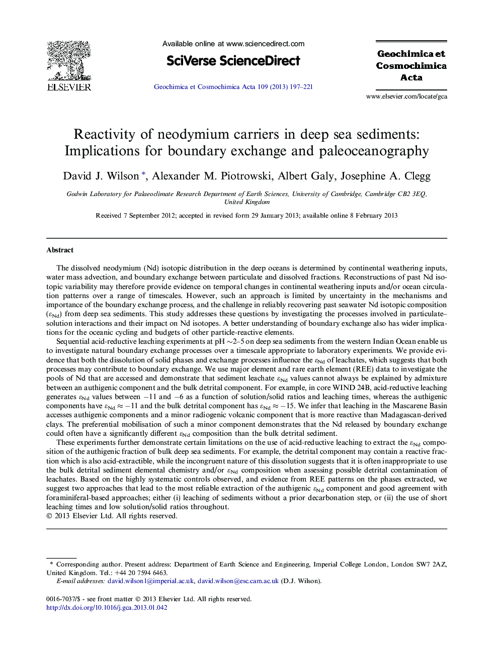 Reactivity of neodymium carriers in deep sea sediments: Implications for boundary exchange and paleoceanography