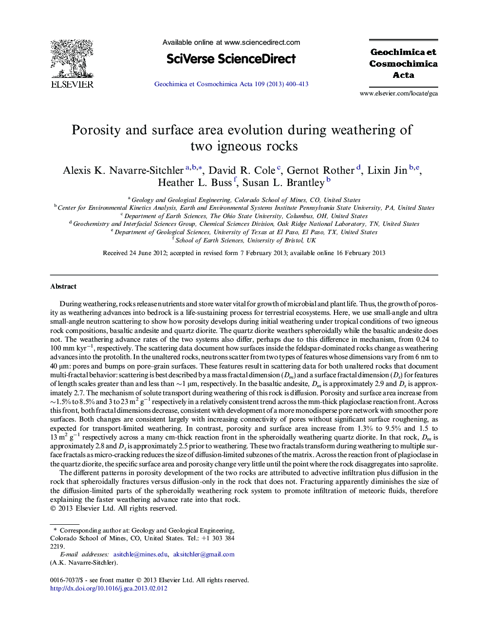 Porosity and surface area evolution during weathering of two igneous rocks