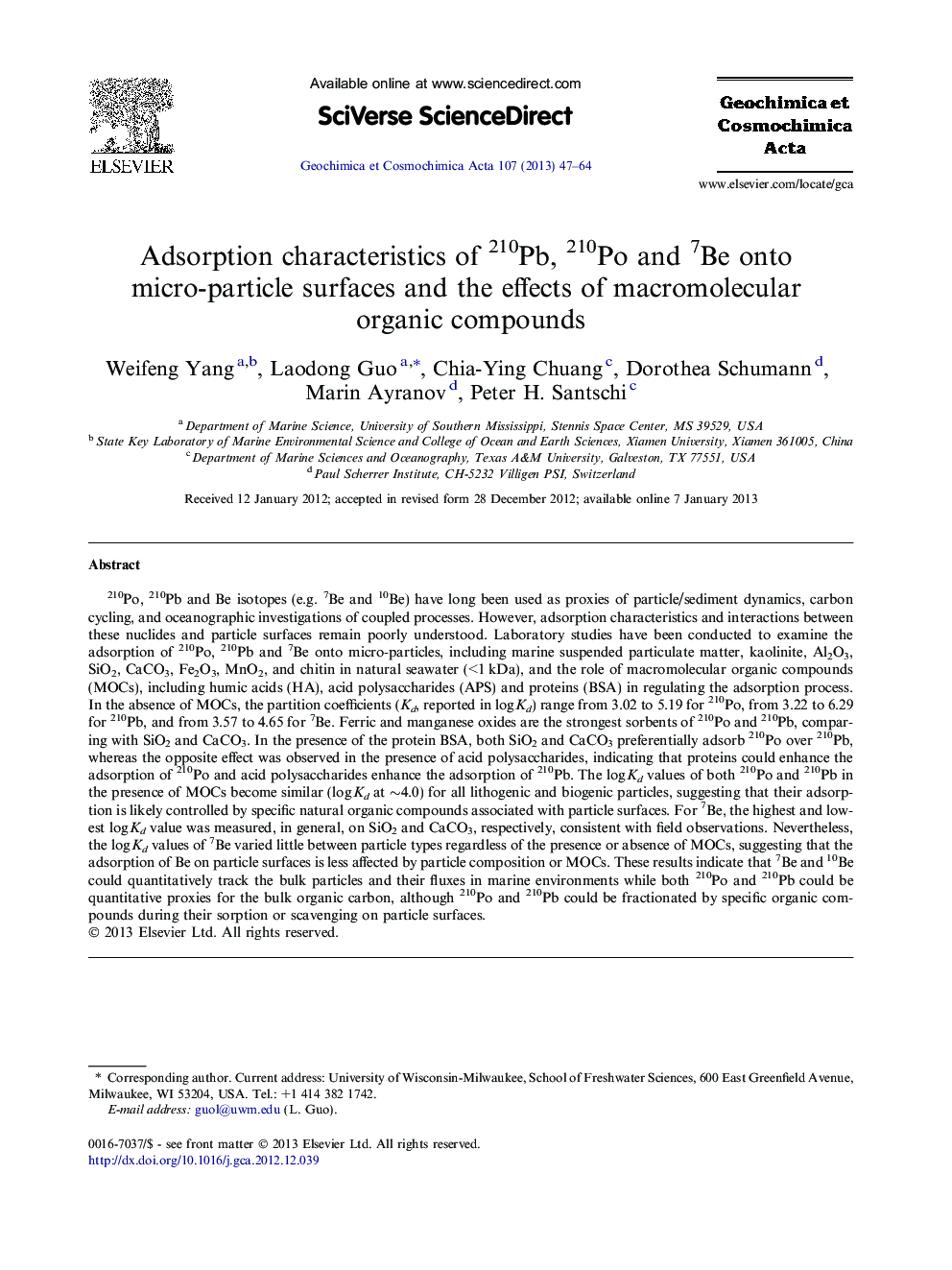 Adsorption characteristics of 210Pb, 210Po and 7Be onto micro-particle surfaces and the effects of macromolecular organic compounds
