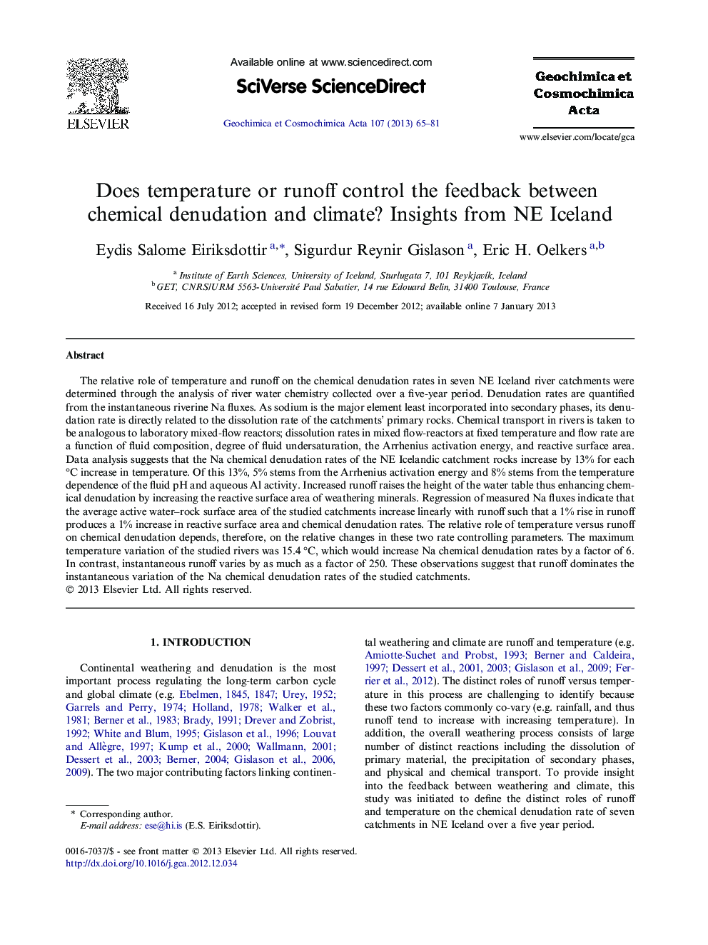 Does temperature or runoff control the feedback between chemical denudation and climate? Insights from NE Iceland