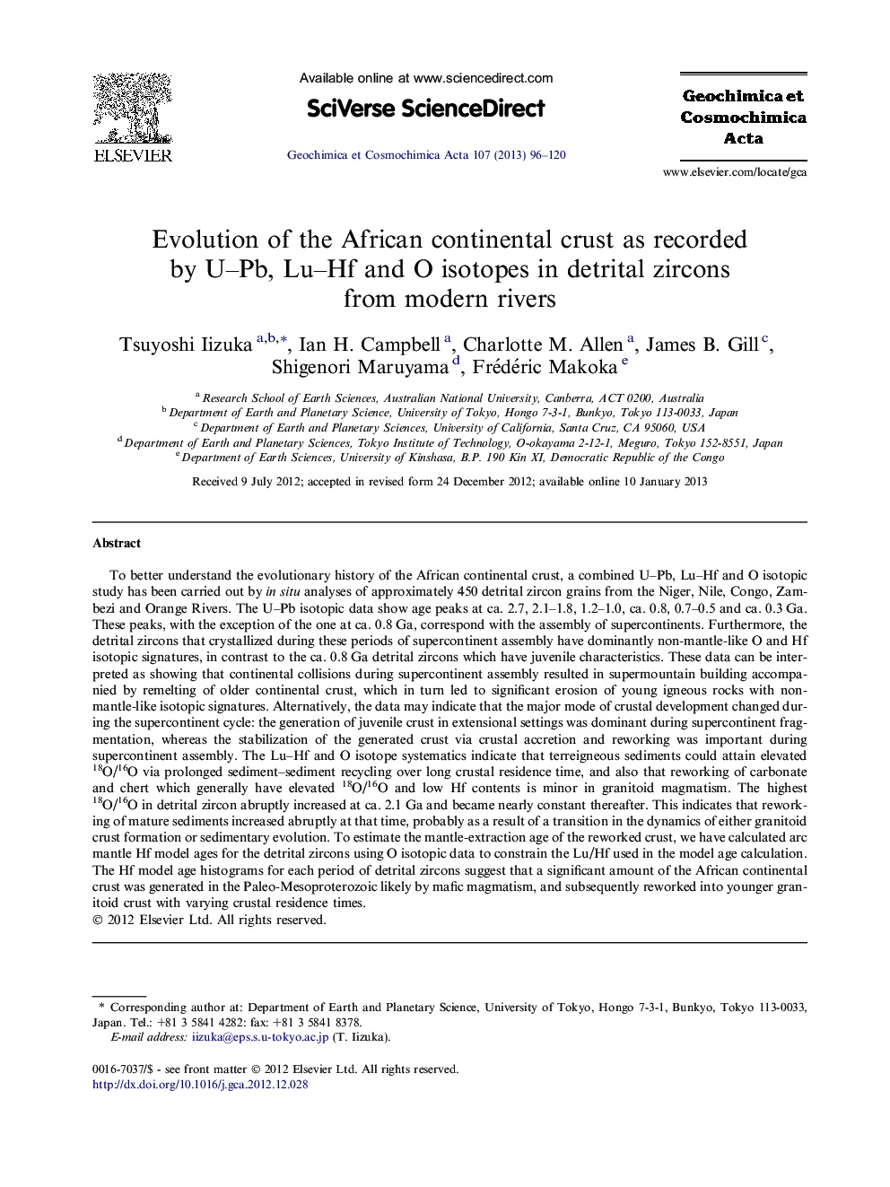 Evolution of the African continental crust as recorded by U–Pb, Lu–Hf and O isotopes in detrital zircons from modern rivers