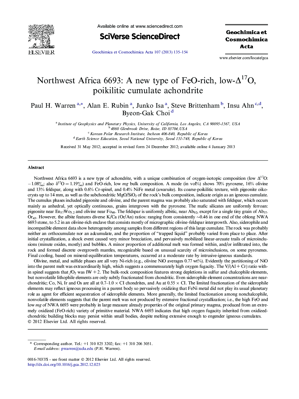 Northwest Africa 6693: A new type of FeO-rich, low-Δ17O, poikilitic cumulate achondrite