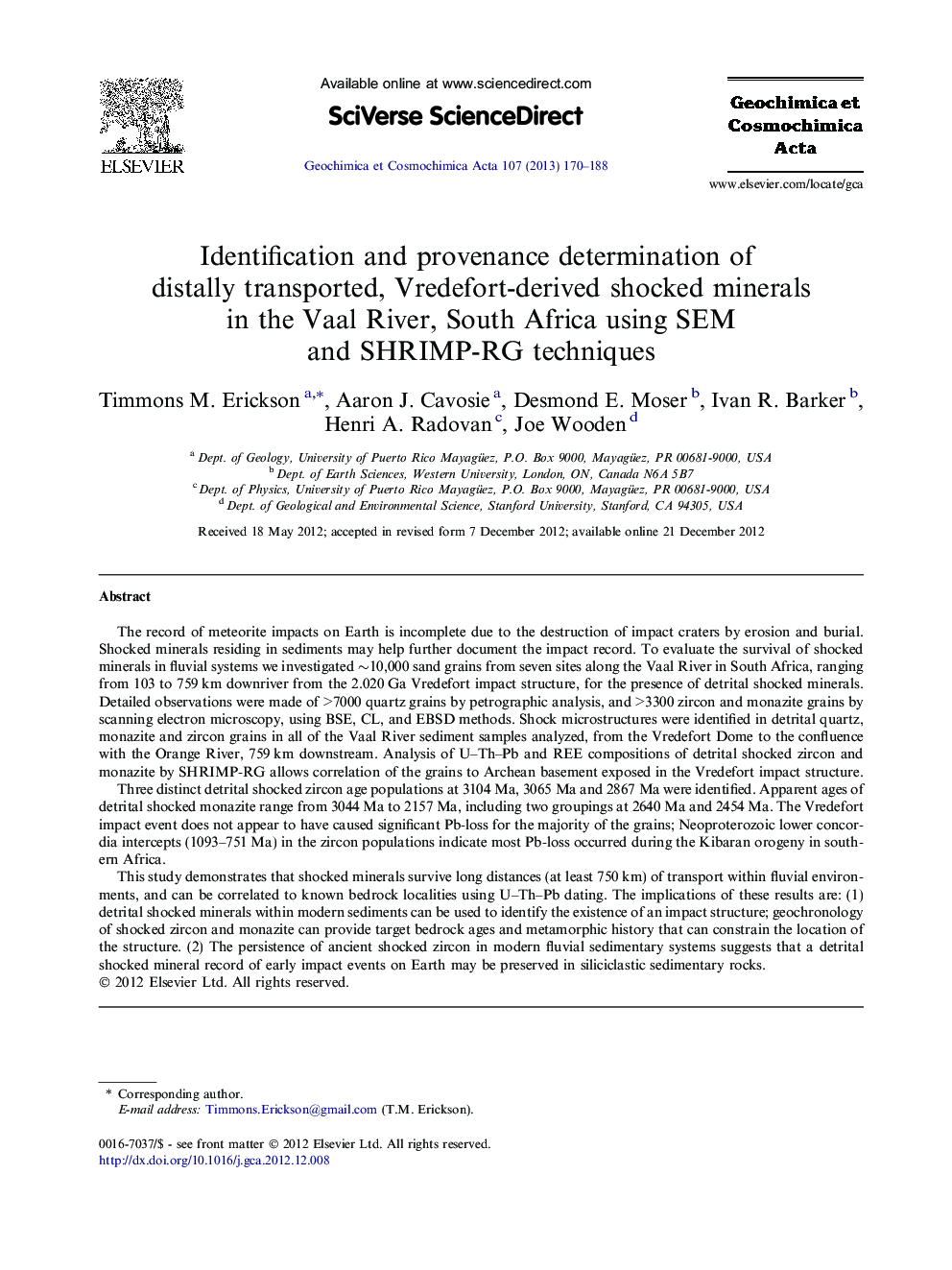 Identification and provenance determination of distally transported, Vredefort-derived shocked minerals in the Vaal River, South Africa using SEM and SHRIMP-RG techniques