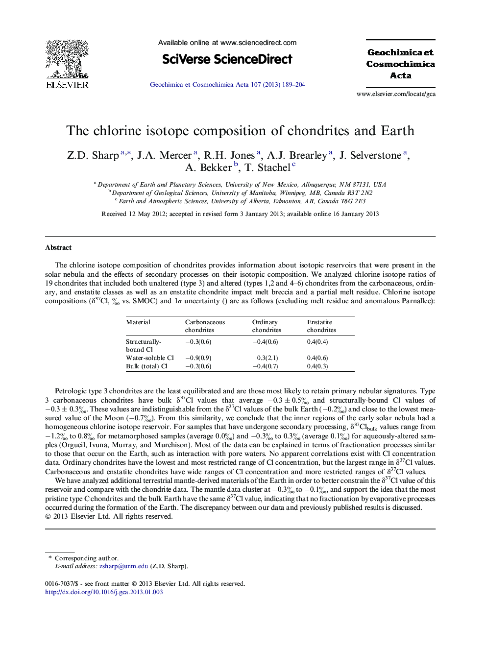 The chlorine isotope composition of chondrites and Earth
