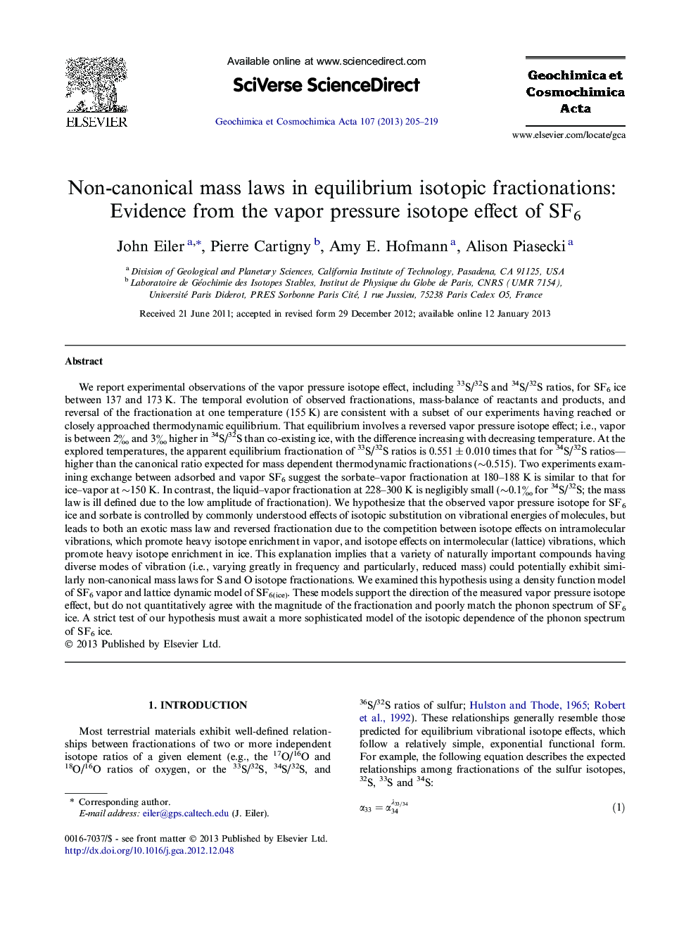 Non-canonical mass laws in equilibrium isotopic fractionations: Evidence from the vapor pressure isotope effect of SF6