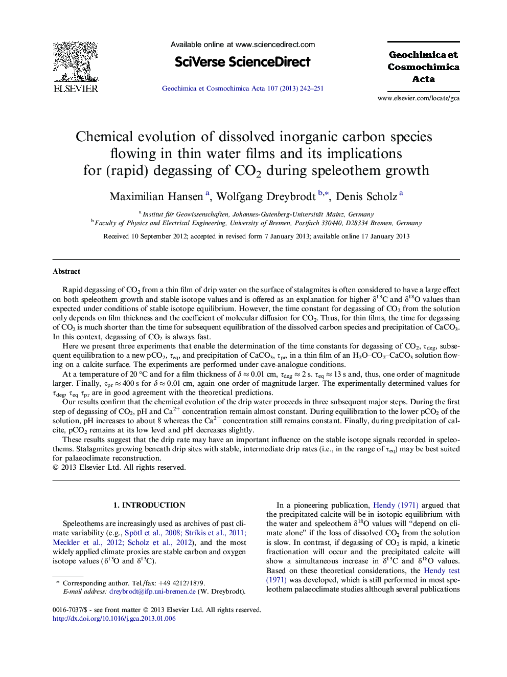 Chemical evolution of dissolved inorganic carbon species flowing in thin water films and its implications for (rapid) degassing of CO2 during speleothem growth