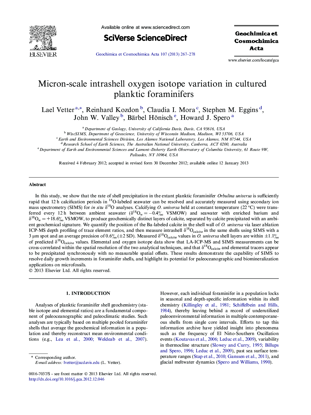 Micron-scale intrashell oxygen isotope variation in cultured planktic foraminifers