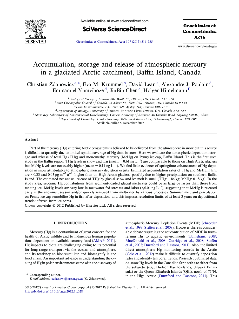 Accumulation, storage and release of atmospheric mercury in a glaciated Arctic catchment, Baffin Island, Canada