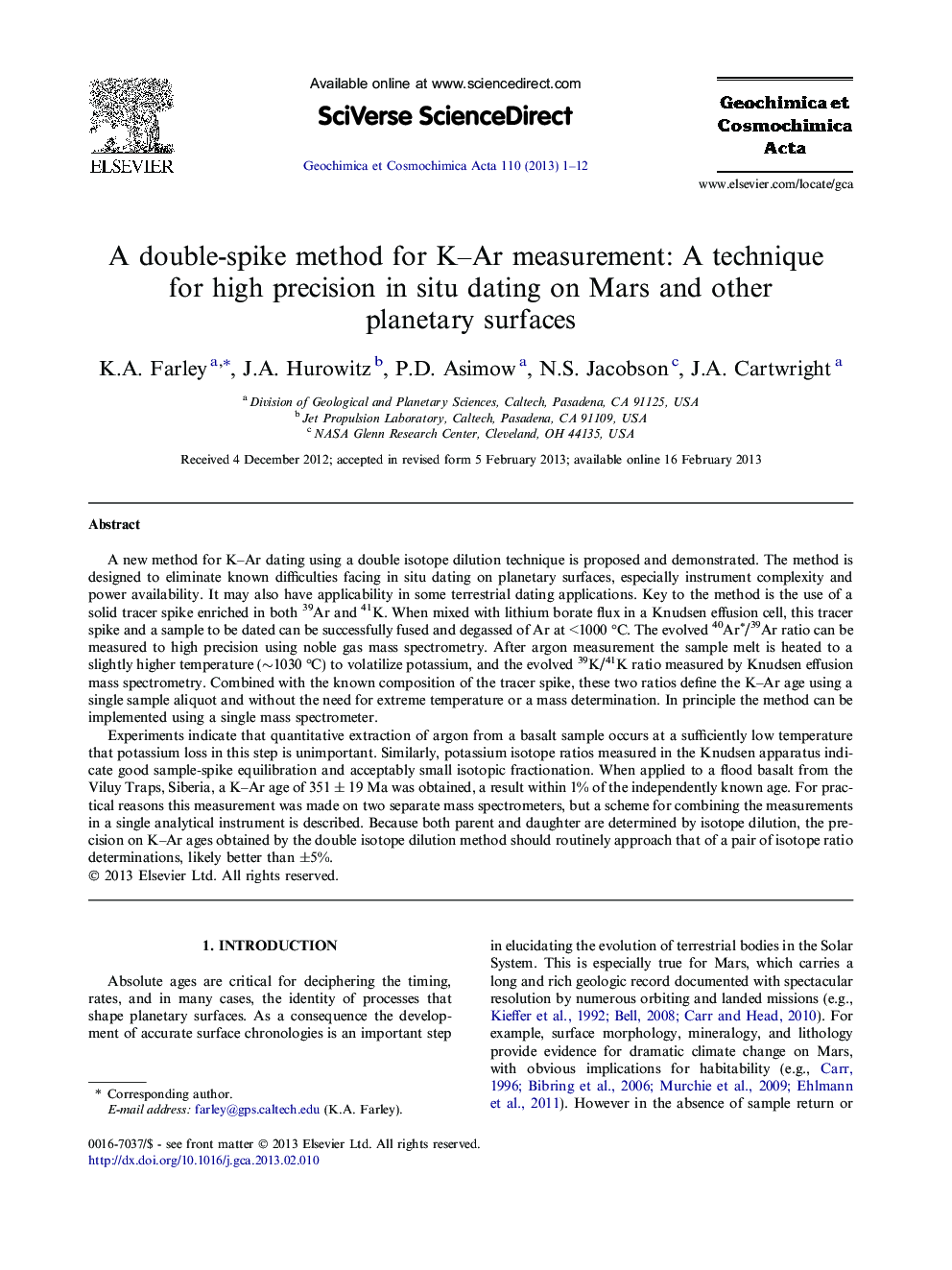 A double-spike method for K–Ar measurement: A technique for high precision in situ dating on Mars and other planetary surfaces