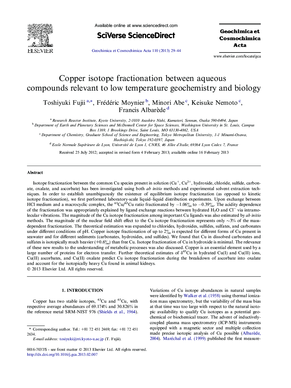 Copper isotope fractionation between aqueous compounds relevant to low temperature geochemistry and biology