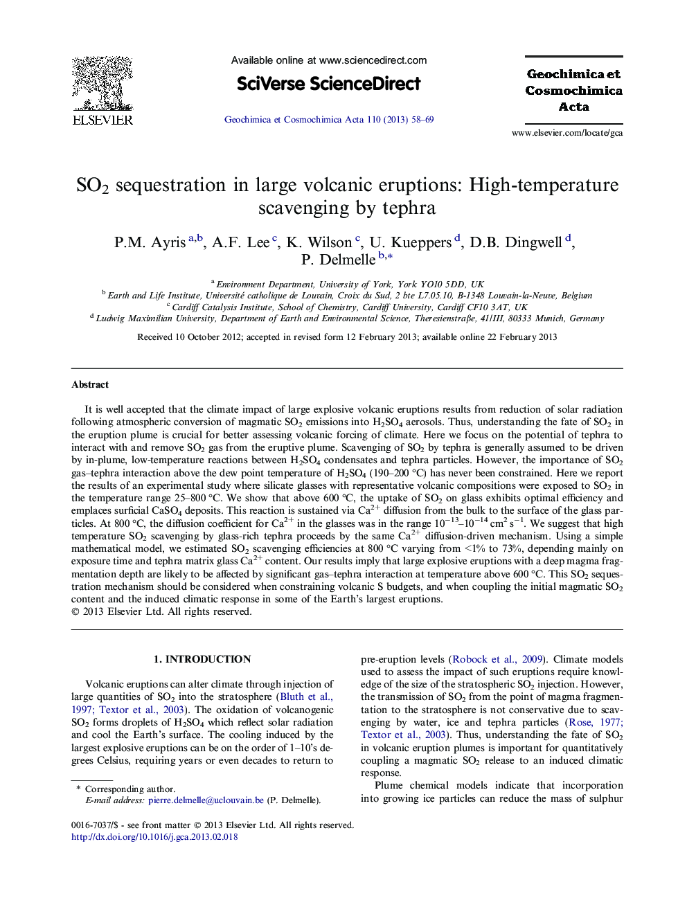 SO2 sequestration in large volcanic eruptions: High-temperature scavenging by tephra