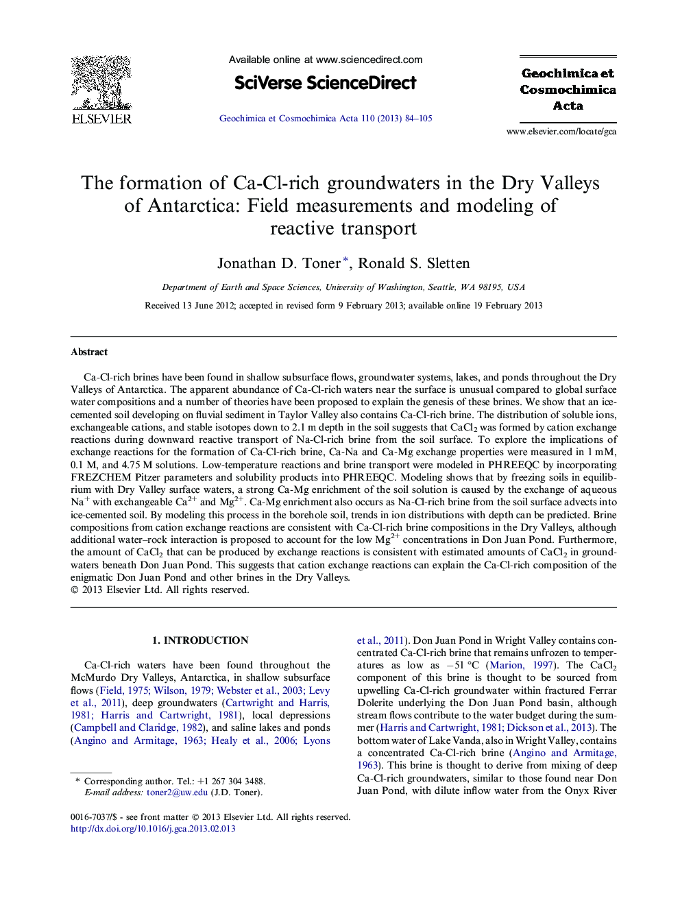 The formation of Ca-Cl-rich groundwaters in the Dry Valleys of Antarctica: Field measurements and modeling of reactive transport