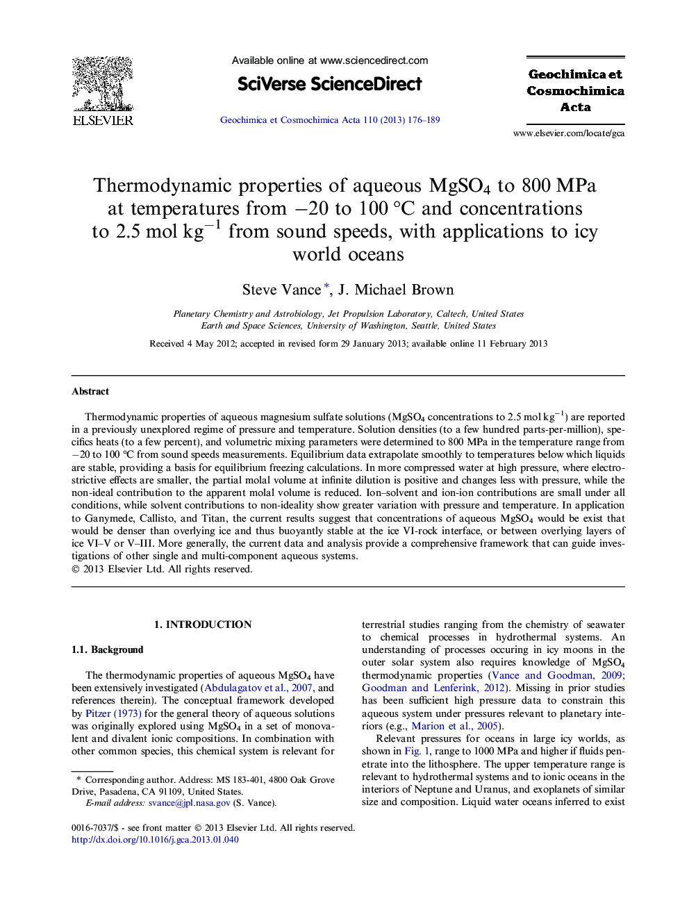 Thermodynamic properties of aqueous MgSO4 to 800 MPa at temperatures from −20 to 100 °C and concentrations to 2.5 mol kg−1 from sound speeds, with applications to icy world oceans