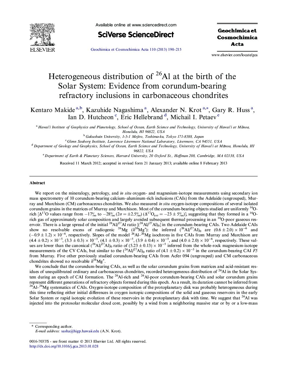 Heterogeneous distribution of 26Al at the birth of the Solar System: Evidence from corundum-bearing refractory inclusions in carbonaceous chondrites