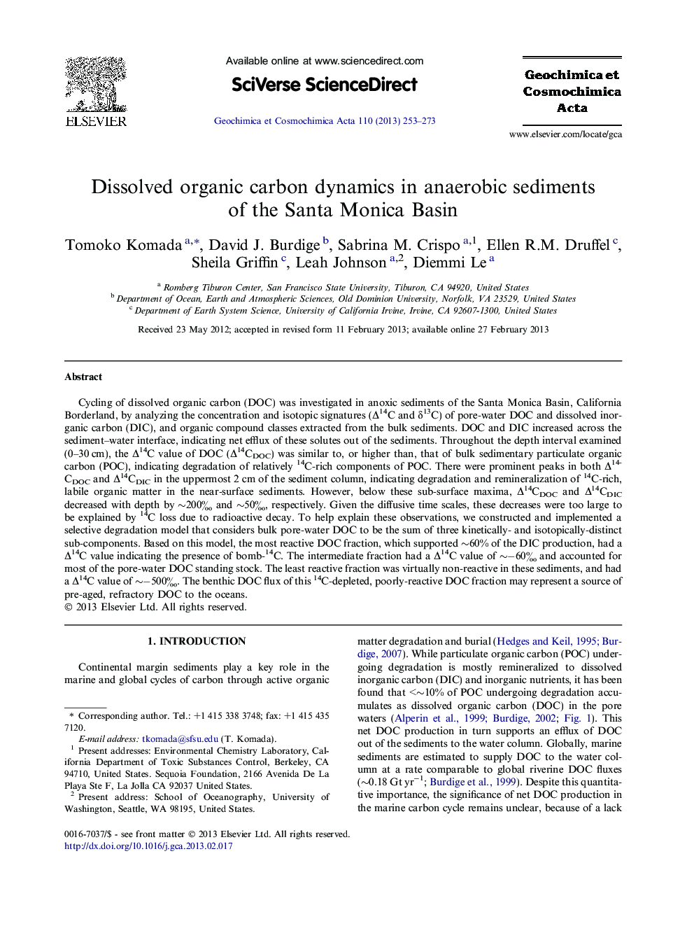 Dissolved organic carbon dynamics in anaerobic sediments of the Santa Monica Basin