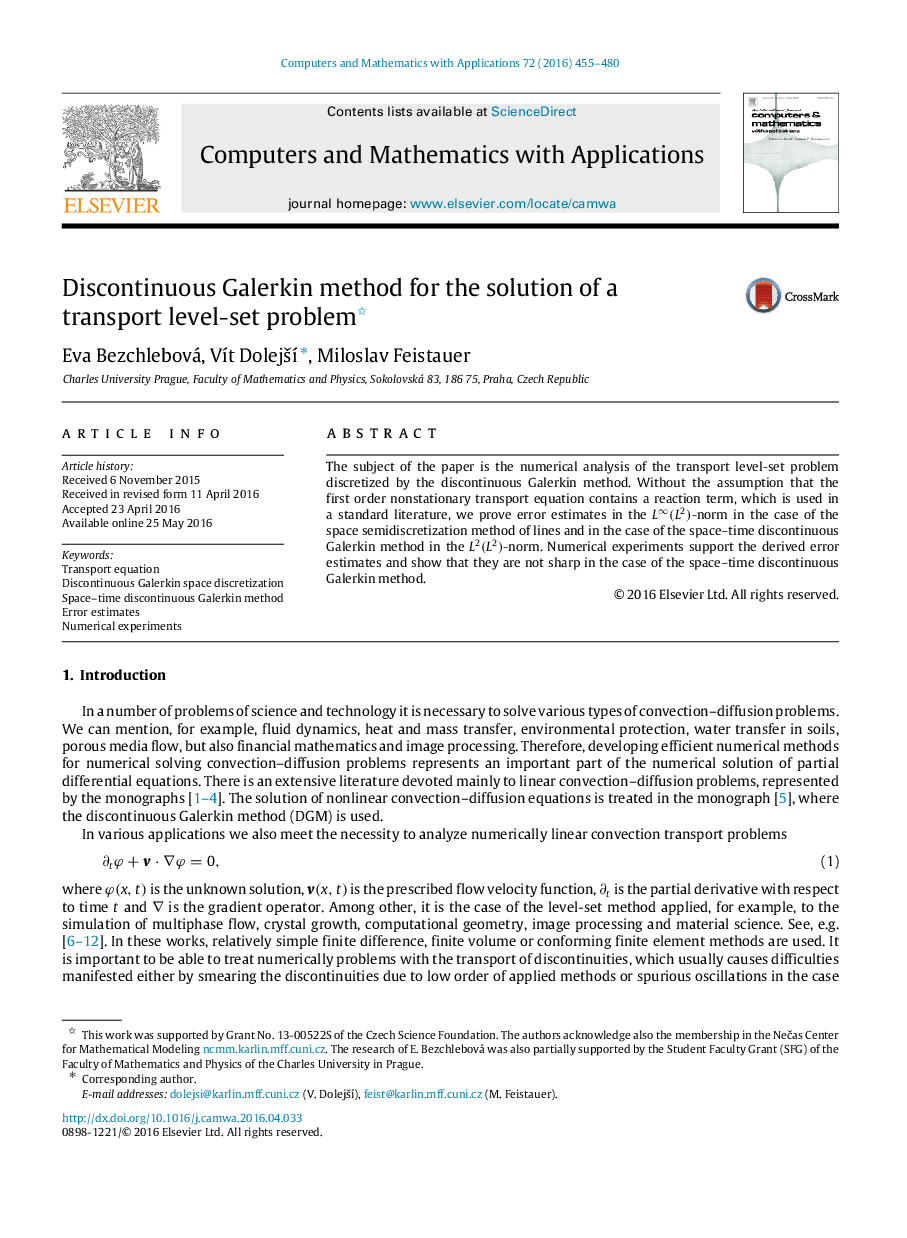 Discontinuous Galerkin method for the solution of a transport level-set problem 