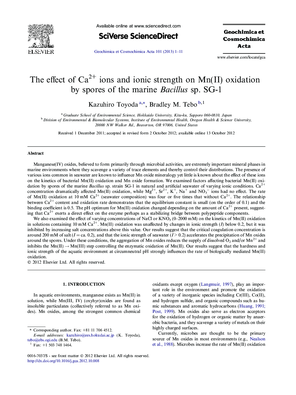 The effect of Ca2+ ions and ionic strength on Mn(II) oxidation by spores of the marine Bacillus sp. SG-1