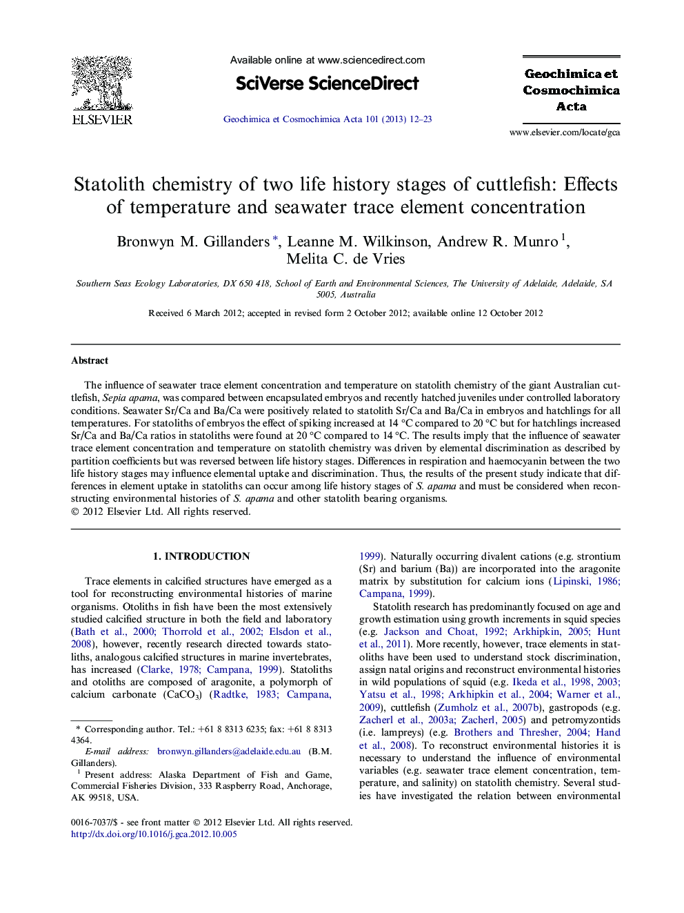 Statolith chemistry of two life history stages of cuttlefish: Effects of temperature and seawater trace element concentration