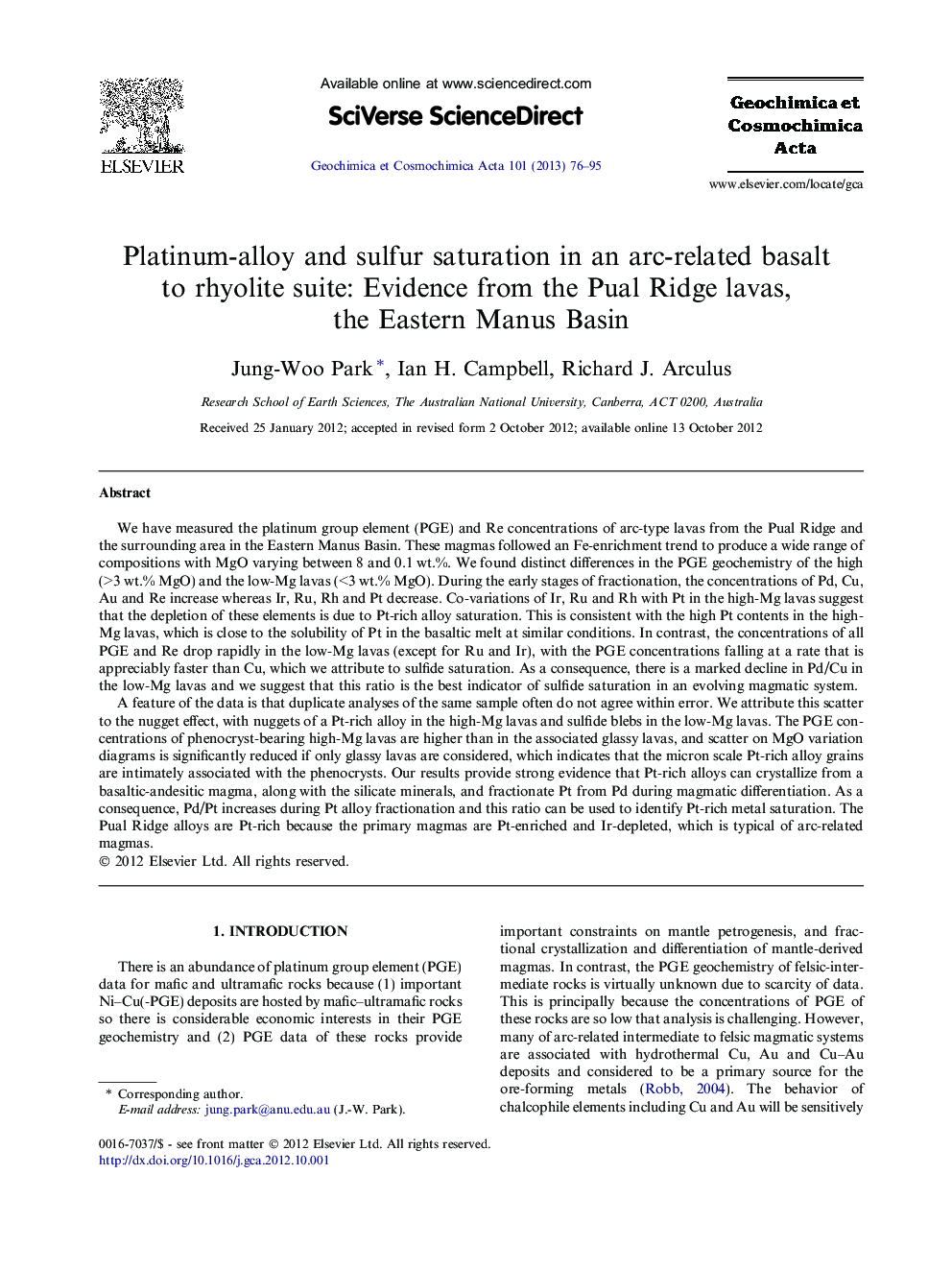 Platinum-alloy and sulfur saturation in an arc-related basalt to rhyolite suite: Evidence from the Pual Ridge lavas, the Eastern Manus Basin