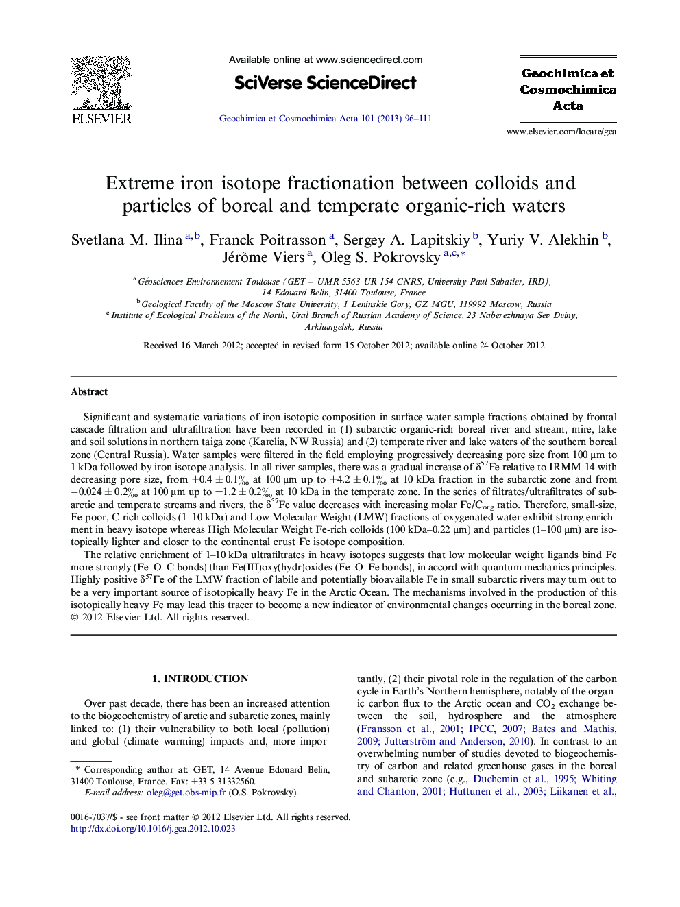 Extreme iron isotope fractionation between colloids and particles of boreal and temperate organic-rich waters