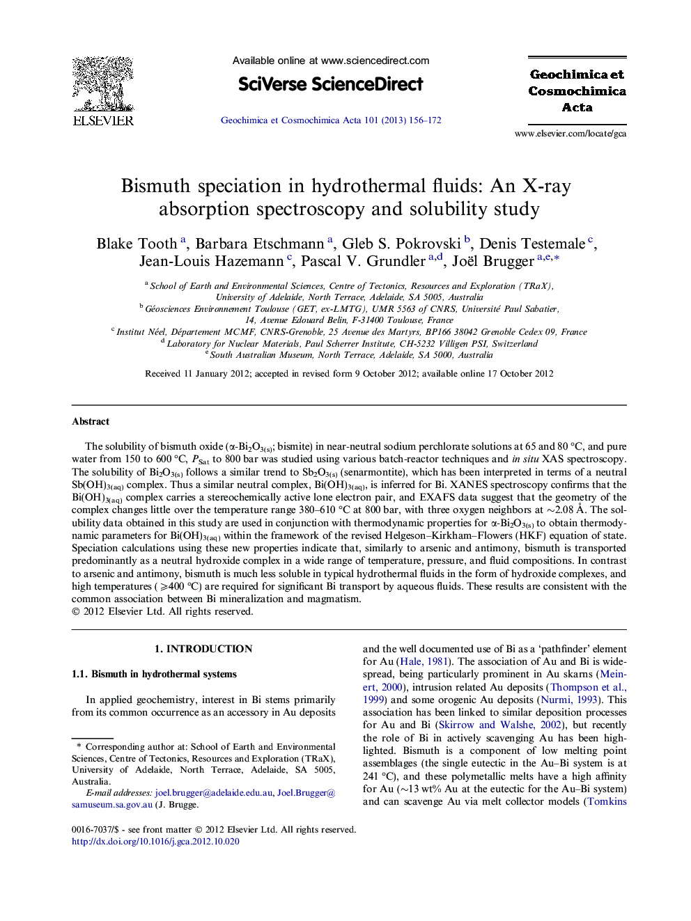 اختصاصی بیسموت در مایعات هیدروترمال: طیف سنجی جذب اشعه ایکس و مطالعه حلالیت 