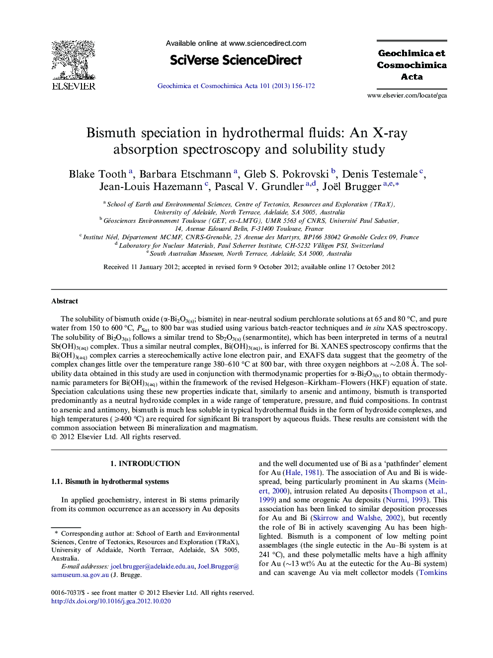 Bismuth speciation in hydrothermal fluids: An X-ray absorption spectroscopy and solubility study